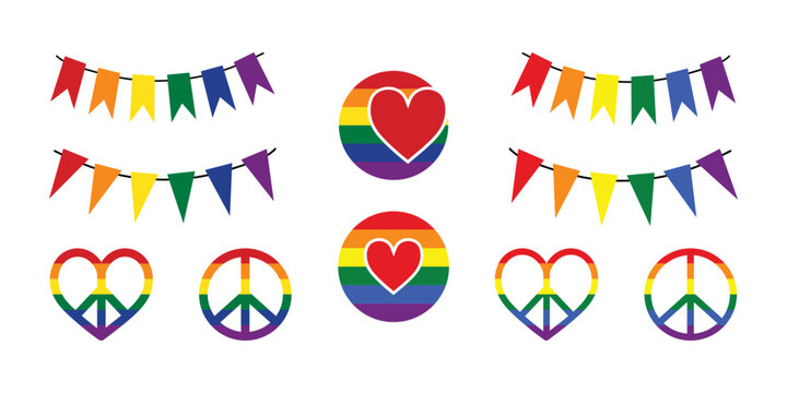 Colorful decorative elements, peace signs, bunting flags, garlands in rainbow colors for design, decor. Set of multi colored rainbow elements. For LGBT, Pride Month. Rainbow colored illustrations.