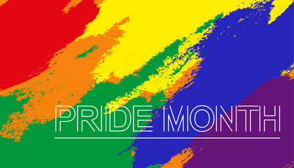 Pride Month vector concept. Rainbow grunge texture and line art text.