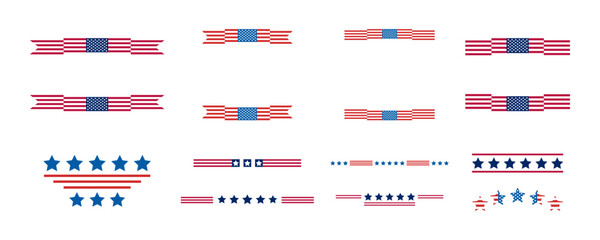 Independence Day United States frames and dividers. USA flag illustration, decorations - border lines. Memorial Day, traditional patriotic US icons for American national holiday. Veterans day USA set.