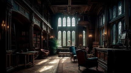 Gothic, interior of large library with many bookshelves, gothic reading room with desks, old mysterious castle, generative AI.