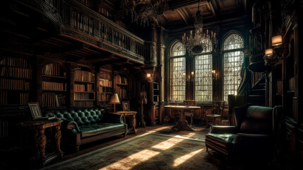 Fototapeta na wymiar Gothic, interior of large library with many bookshelves, gothic reading room with desks, old mysterious castle, generative AI.