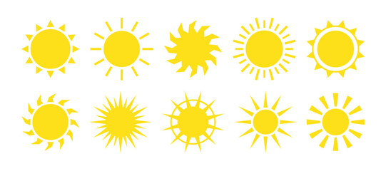 Set of simple sun icons. Solar symbol and weather sign. Sunbeams and sunburst, geometric yellow sun illustration. Sun rays, sunny icon.