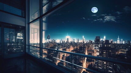 Fototapeta na wymiar New York city panorama at night view from windows blurred light usa urban,generated ai
