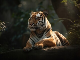 Regal Tiger Resting in Lush Jungle Landscape
