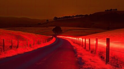 Fototapeta premium Beautiful landscape of rural area illuminated by red light. generative ai