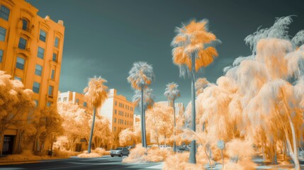 Infrared Photography Of Yellow Palm trees and plants with modern city view. generative ai