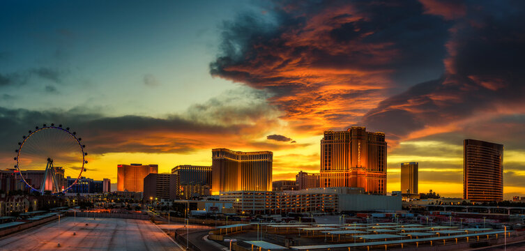 LAS VEGAS, NEVADA, USA - MAY 20, 2016 : Sunset panorama above casinos on the Las Vegas Strip.