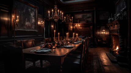 Fototapeta na wymiar Gothic, interior of a large dark dining room, generative AI