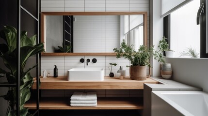 Minimalist bathroom with a white sink, a simple wooden vanity, and a large mirror on the wall. generative ai