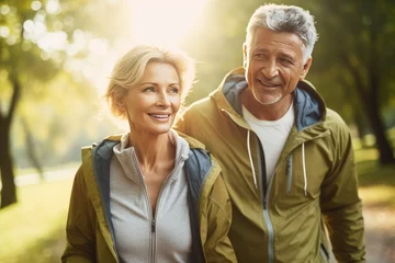 Fotobehang Middle aged love couple walking outside in a park, healthy, lifestyle, AI generated © Nattawat