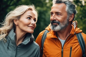 Fototapeta premium Middle aged love couple walking outside in a park, healthy, lifestyle, AI generated