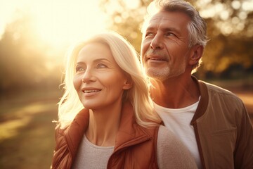 Obraz premium Middle aged love couple walking outside in a park, healthy, lifestyle, AI generated