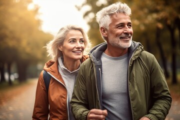 Middle aged love couple walking outside in a park, healthy, lifestyle, AI generated