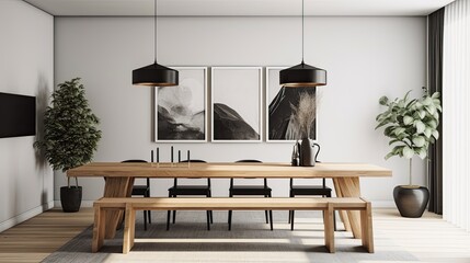 Minimalist dining room with a long wooden table, white chairs, and a simple pendant light hanging above. generative ai