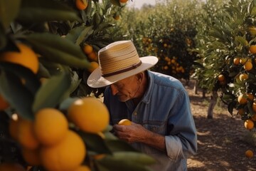 Gardener harvesting the ripe orange fruit at orange trees on organic fruit farm, AI generated