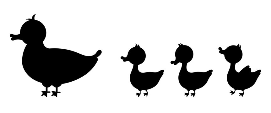Duck bird with duckling silhouette isolated on white background. Cute farm mother bird with baby flat design simple style vector illustration. Funny poultry duck family.