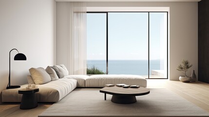 Fototapeta na wymiar Minimalist living room with a white sofa, a wooden coffee table, and a large window with a view of the ocean. generative ai