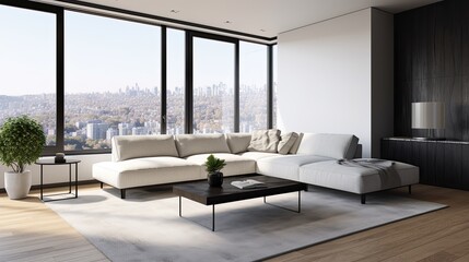 Fototapeta premium Minimalist living room with a white sofa, a wooden coffee table, and a large window with a view of the ocean. generative ai