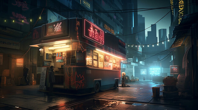 Food truck on asian night city street in cyberpunk style. Generative AI
