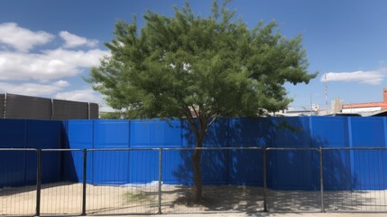 Fototapeta na wymiar Tree in construction site surrounded by blue screen fence. generative ai