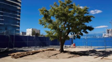 Tree in construction site surrounded by blue screen fence. generative ai