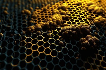 Network connection concept gold honeycomb shiny background. Futuristic Abstract Geometric Background Design Made with Generative Space Illustration AI Scy fi
