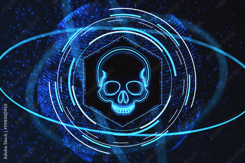 Aufkleber glowing blue skull hologram on blurry dark background. hacker system or cyber attack concept. landin