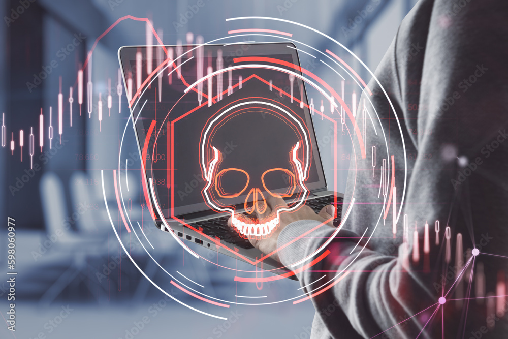Poster Close up of hacker hands using laptop with abstract glowing skull hologram on blurry office interior background. Hacker system or cyber attack concept. Double exposure.