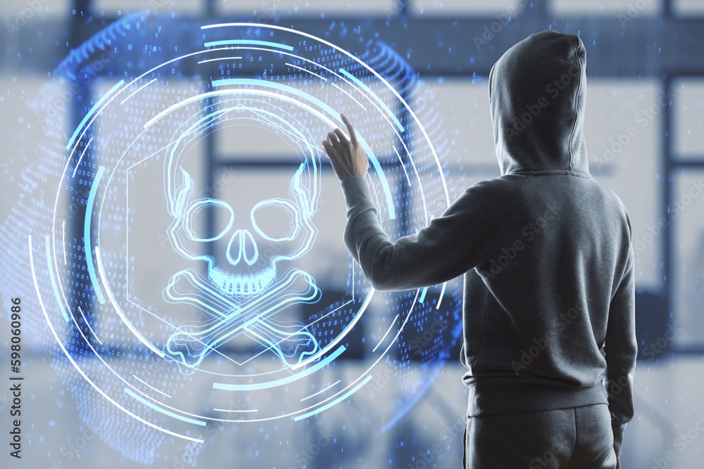 Poster Hacker using abstract glowing skull hologram on blurry office interior background. Hacker system or cyber attack concept. Double exposure.