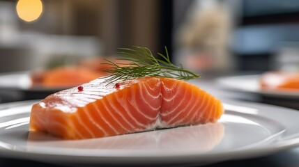 Slice of fresh smoked salmon with dill greens on white plate. Indoor restaurant background. Seafood. Seafood. Generated with AI.