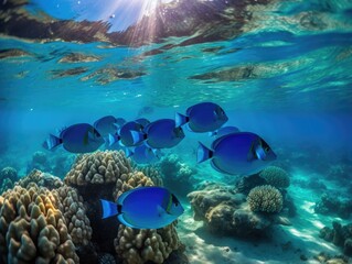Enchanting Underwater Scene: School of Blue Tangs and Colorful Coral Reef in Bora Bora - obrazy, fototapety, plakaty