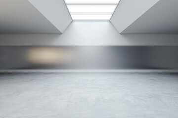 Empty exhibition hall interior with mock up place and concrete flooring. 3D Rendering.