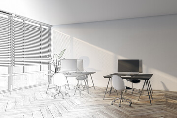 Sketch of contemporary coworking office interior with window and city view, blinds, workspaces and wooden flooring. 3D Rendering.