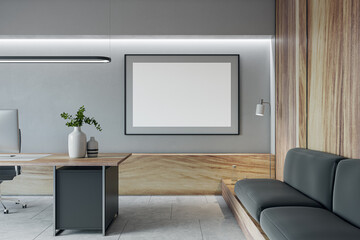 Modern concrete and wooden office interior with empty white mock up frame on wall, workspace and furniture. 3D Rendering.