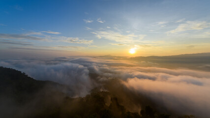 sea of mist and sunrise, view from Aiyoeweng View Point, Yala Province, Thailand