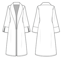 Maxi coat front opening, long sleeve, sleeve opening slit, front and back view flat sketch vector file.