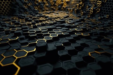 Network connection concept gold honeycomb shiny background. Futuristic Abstract Geometric Background Design Made with Generative Space Illustration AI Scy fi