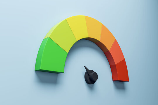 Abstract colorful speedometer scale on blue background. Performance, pointer rating risk levels, meter, tachometer. 3D Rendering.