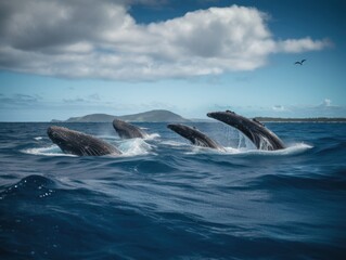 Breaching Humpback Whales in Turquoise Lagoon, Vavau Island, Tonga