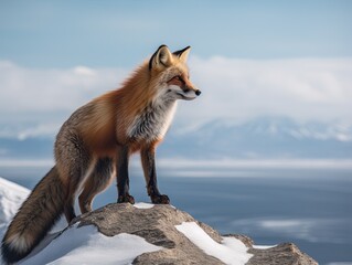 Arctic Majesty: Fiery Red Fox Stands Tall on Snowy Cliff