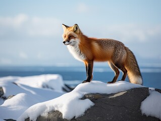Fiery Red Fox overlooking Arctic Sea on Snowy Cliff