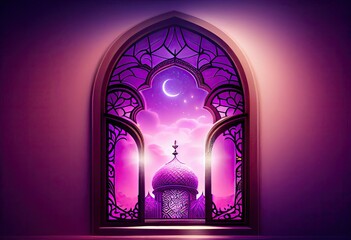Ramadan Kareem greeting background light purple mosque window. generative ai