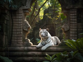 Rare White Tiger Roaming Through an Ancient Cambodian Temple