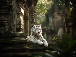White Tiger Roaming Through Ancient Cambodian Temple
