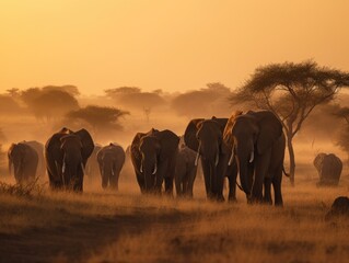 Fototapeta na wymiar Golden Sunset Safari: Majestic Elephants Roaming the African Savanna