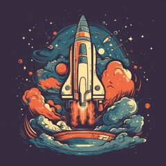retro rocket, t-shirt design, space theme, 2d, vector, flat, no foreground objects, pure random background, hd. generative ai