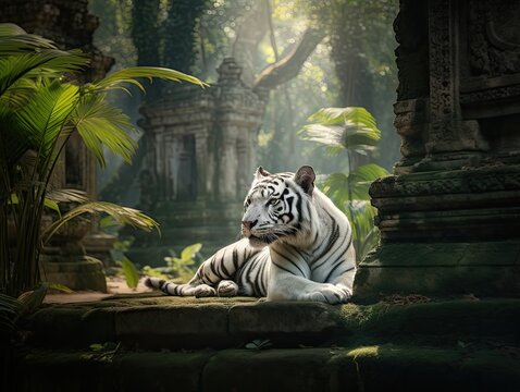 Incredible Wildlife Photography: White Tiger Roaming Cambodia's Ancient Temple