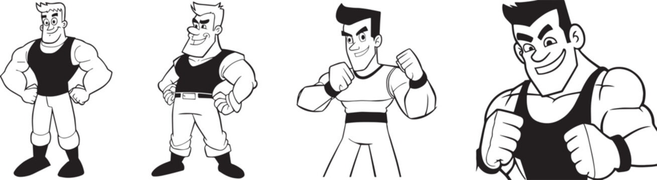 coloring book for kids, johny bravo cartoon character, black and white, 100% editable colorable, muscular man