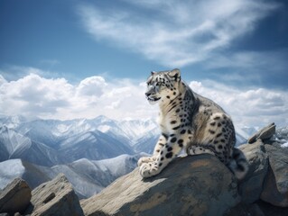 Majestic Snow Leopard overlooking the Himalayas: An endangered beauty