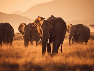Naklejka na ściany i meble Elephants Grazing Against Mount Kilimanjaro Backdrop in Amboseli National Park